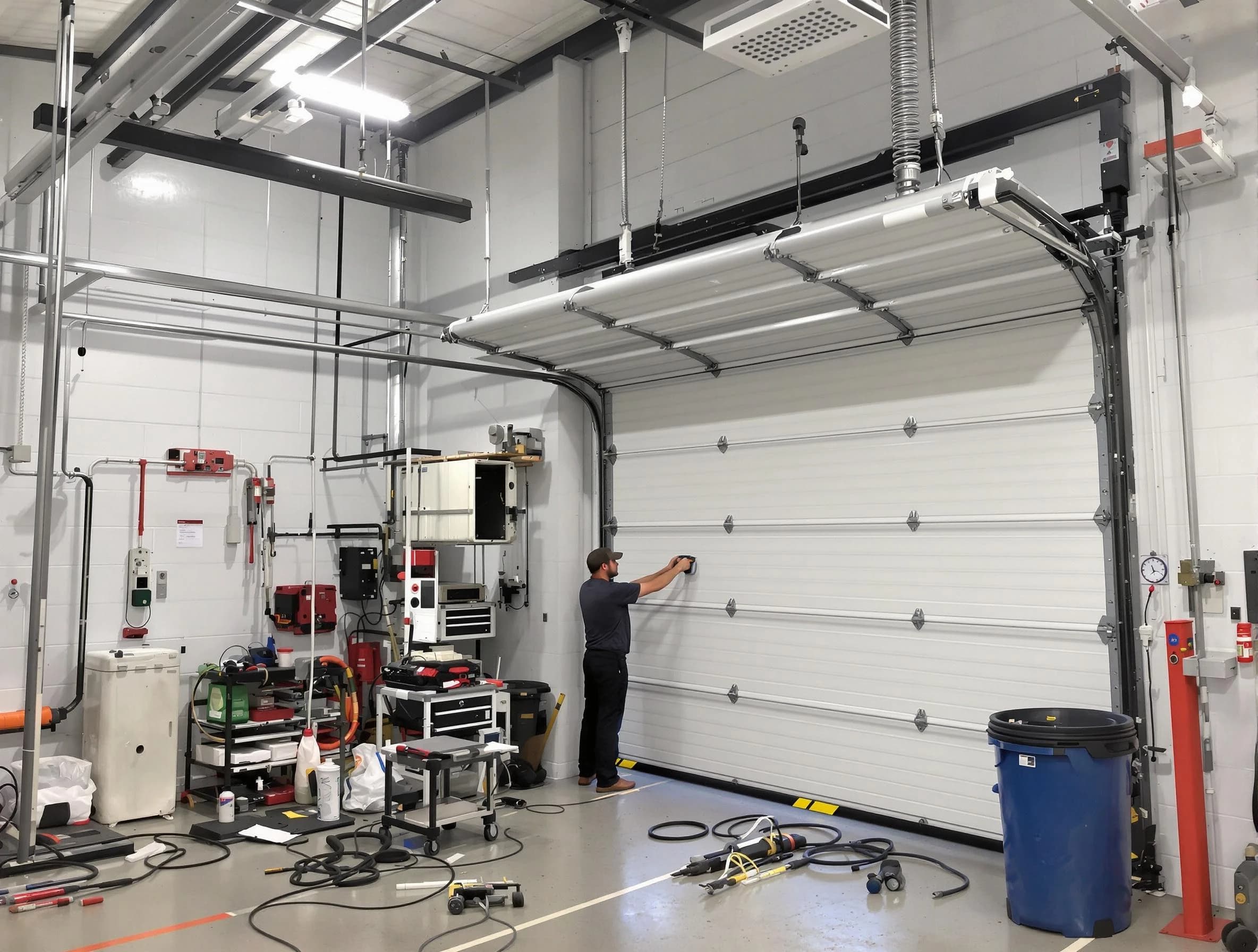 North Plainfield Garage Door Repair certified technician performing commercial door repair at a North Plainfield business facility