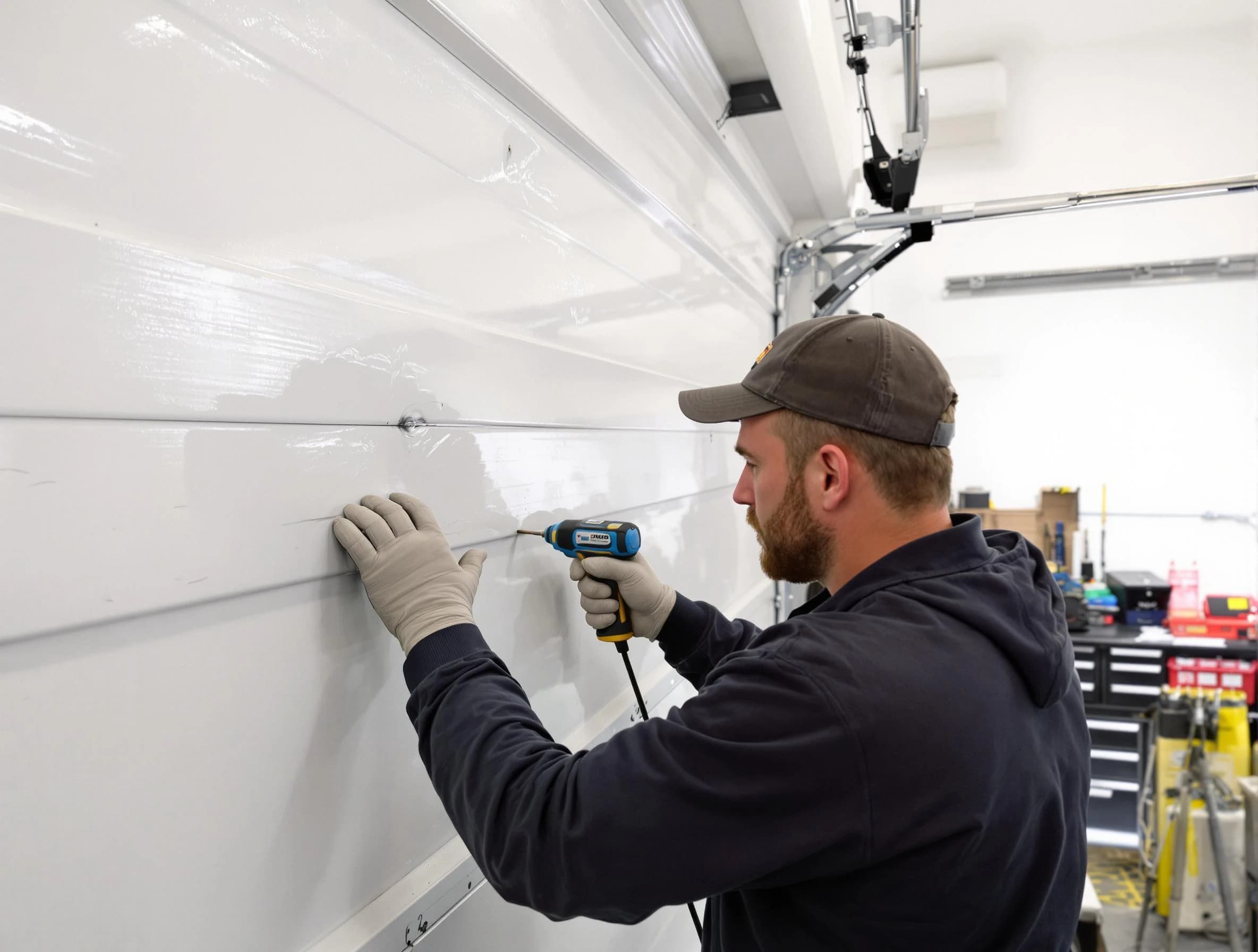 North Plainfield Garage Door Repair technician demonstrating precision dent removal techniques on a North Plainfield garage door