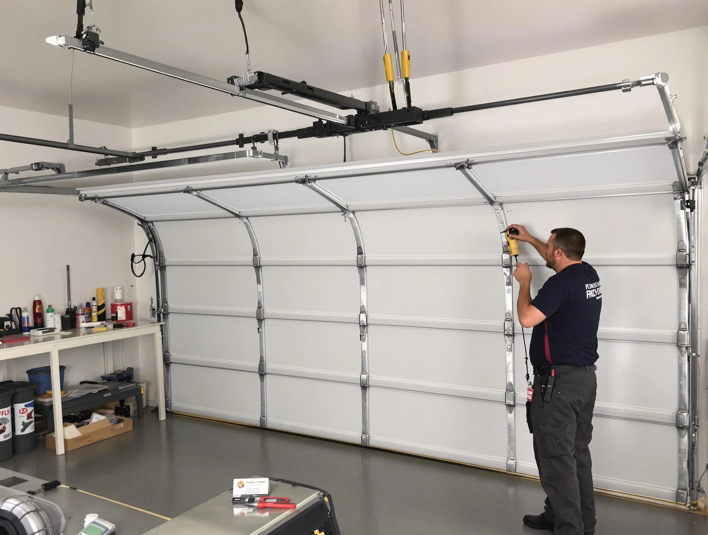 North Plainfield Garage Door Repair certified technician performing overhead door system repair in North Plainfield